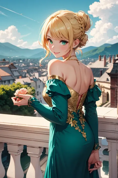 1girl, elaborate blonde updo hairstyle with bangs, almond shaped green eyes, wearing an off shoulder teal regency inspired dress with simple gold and flowers, flower accessories, slight makeup, rose lipgloss, smiling softly, absurdres, high res, ultrasharp...