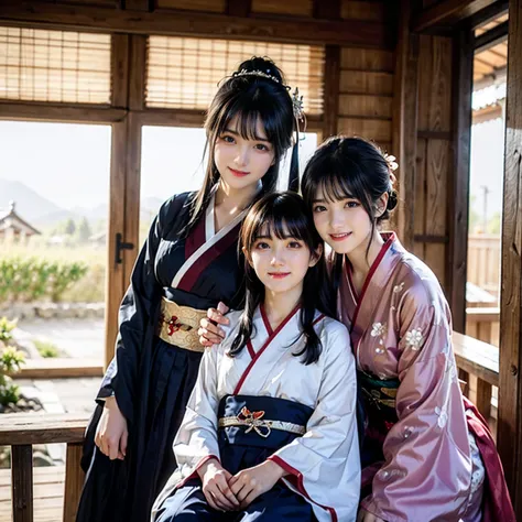 ((最high quality, 8k, masterpiece: 1.3, Ultra HD, high quality, 最high quality, High resolution, realism)) 、Beautiful Japan woman at 22 years old、Straight hair、smile、Slender body、Wear accessories on your wrist、Sitting on the balcony of a Japanese house in th...