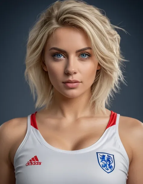 beautiful blonde woman wearing a tight England football shirt and lace gstring panties, full body picture, intricate detailed face, perfect body, athletic body, beautiful detailed eyes, beautiful detailed lips, long eyelashes, muscular athletic figure, dyn...