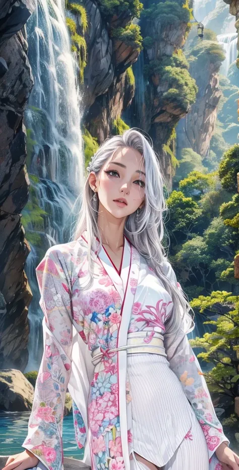 waterfall、Her white kimono is wet and transparent、waterfall修行、cute、40 year old Japanese woman、Silver Hair、長い髪のSilver Hair、My hair is wet too、waterfallに打たれて濡れている、The lines of your body are visible when wet、The kimono is a plain white one.、The kimono is all ...