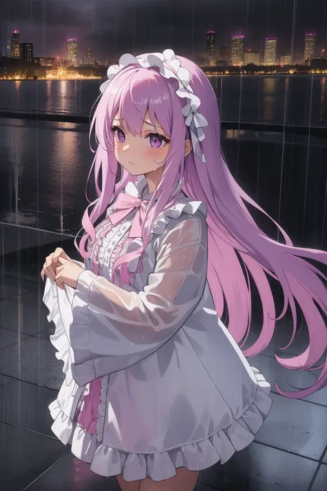 A girl, face forward, long purple hair, standing in the rain, sad, (white idol costume), pink ribbon, frill, her hair are soaked from the rain, rainy cityscape, with raindrops falling around her. The overall mood is melancholic but serene.