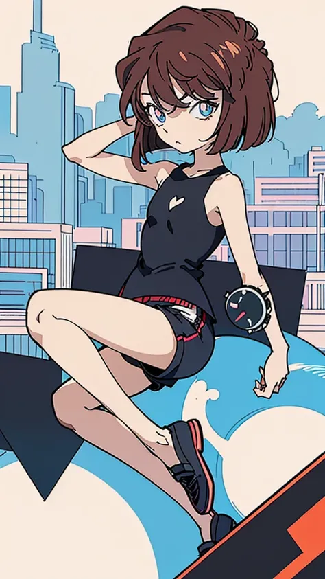 anime style, (1girl in, Solo:1.0), (Haibara Ai), ((Short pants)), (((Big eyes))), (Cute anime girl head), (flat chest),looking at viewer,With a height of 100cm, shoot from front, (head shot), Simple line minimalism, Abstract Art, City background