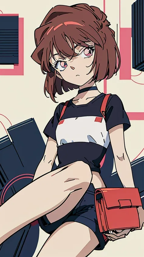 anime style, (1girl in, Solo:1.0), (Haibara Ai), ((Short pants)), (((Big eyes))), (Cute anime girl head), (flat chest),looking at viewer,With a height of 100cm, shoot from front, (head shot), Simple line minimalism, Abstract Art, City background