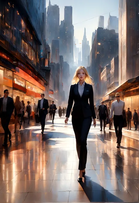 (ultra detailed, masterpiece, best quality), solo, blonde hair, business-casual attire, confidently strolling, city square, surrounded by urban life, hyper-realistic, cinematic lighting, vibrant colors, photorealistic, ethereal, atmospheric in futuristic c...