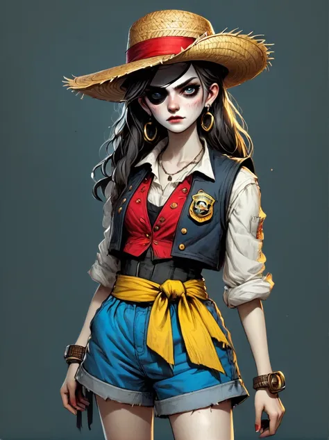 (whole body:1.3), 1 female captain, wearing a straw hat, dark circle patch, rich expression, gloomy, gothic, illustration, red v...