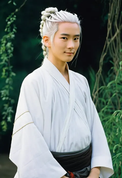 A Ghiblis studio character. Who is androgynous, who have their messy white hair tied in a bif braid. He wears traditional clothes decorated by bones