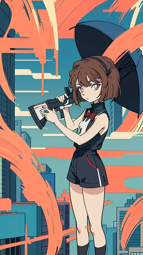 anime style, (1girl in, Solo:1.0), (Haibara Ai), ((Short pants)), (((Big eyes))), (Cute anime girl head), (flat chest),looking at viewer,With a height of 100cm, shoot from front, (head shot), Simple line minimalism, Abstract Art, City background