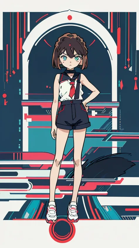 anime style, (1girl in, Solo:1.0), (Haibara Ai), ((Short pants)), (((Big eyes))), (Cute anime girl head), (flat chest),looking at viewer,With a height of 100cm, shoot from front, (head shot), Simple line minimalism, Abstract Art, City background