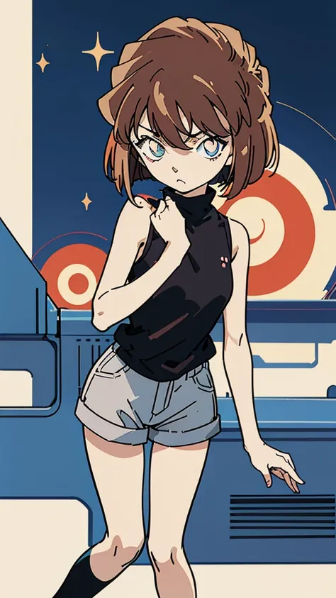 anime style, (1girl in, Solo:1.0), (Haibara Ai), ((Short pants)), (((Big eyes))), (Cute anime girl head), (flat chest),looking at viewer,With a height of 100cm, shoot from front, (head shot), Simple line minimalism, Abstract Art, City background