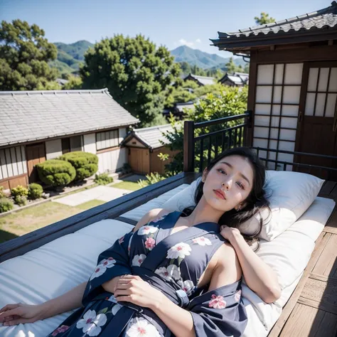 ((最high quality, 8k, masterpiece: 1.3, Ultra HD, high quality, 最high quality, High resolution, realism)) 、Beautiful Japan woman at 22 years old、Straight hair、smile、Slender body、Wear accessories on your wrist、Sitting on the balcony of a Japanese house in th...