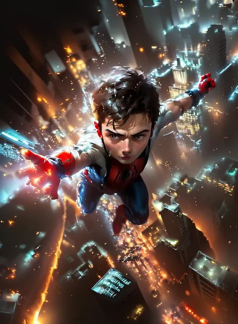 Spider-Man is flying over the city with his hands in the air, Peter Parker, futuristic style Spider-Man, portrait of Spider-Man, Spider-Man, Vojtek FUS, The Next Generation, удивительный Spider-Man 2, very cinematic, to the spider universe, Superhero art, ...