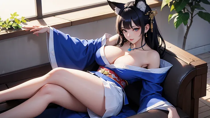 Camera angle looking down from above。Sit back in a reclining chair、A beautiful woman with big breasts and fox ears stretches her legs and relaxes, gazing into the distance。Blue kimono with off-the-shoulder sleeves and a skirt。hair ornaments、Earrings、neckla...