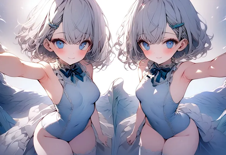 beautiful, masterpiece, Highest quality, anime, One girl, C Cup,Portrait Shot, View your viewers, Intricate details,>,((Covered、Short Hair、nearby、Blue Eyes、art、White hair,Blue streaked hair、wallpaper、silk_White Knee Highs、hairpin、smile、Thighs、Armpit、silk_W...