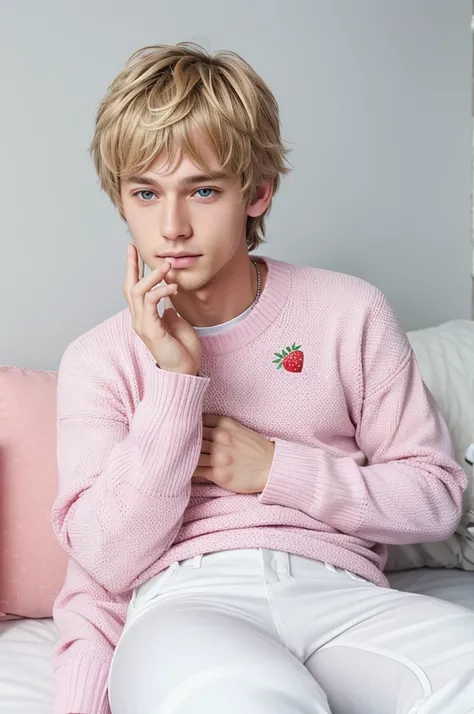 You see a cute 58 male with blonde scruffy hair and pure sky blue eyes. He has a strawberry covered bandage over his nose. He is wearing a white sweater with cute pink designs on them and a white collared shirt underneath. He is wearing long white pants to...