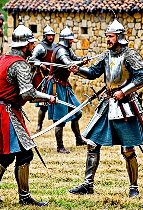 soldado medieval,lutando e derotando inimigos em uma batalha com espadas e outros soldados caidos ,