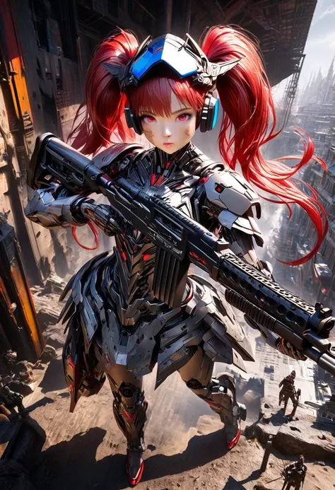 3D digital art from the fantasy world, 1girl, robot girl, red hair, twin tails, red eyes, white and gray camouflage clothing, she wearing flashy robot armor, (holding an urban camouflage long range rifle:1.5), a robot-like helmet on the head, blue scouter ...