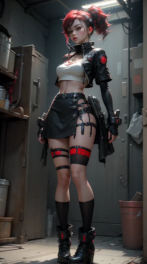 Unreal Engine:1.4,Hyper-realistic CG K, Realistic:1.4, Texture:1.4, masterpiece:1.4,Beautiful woman, role play,_disciplined, Low-cut babydoll underwear、Short Cyberpunk Style Outfit, Pantemediates Red , Blue Mini Skirt, whole body, Ankle boots