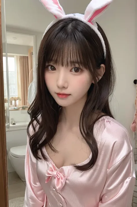 Girl with dark wavy hair with bangs ear in bunny costume looking in mirror