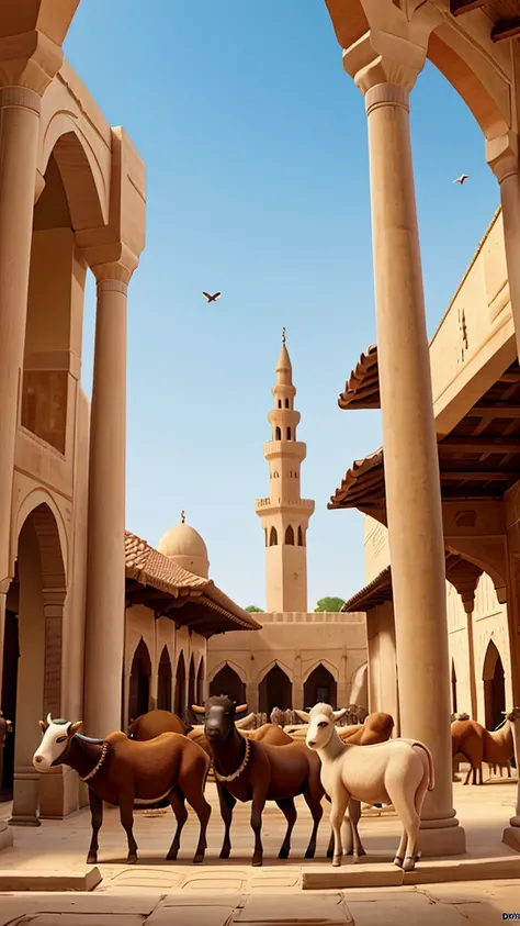 illustration of 2 young men in Muslim clothes herding goats, cows and camels in a mosque courtyard