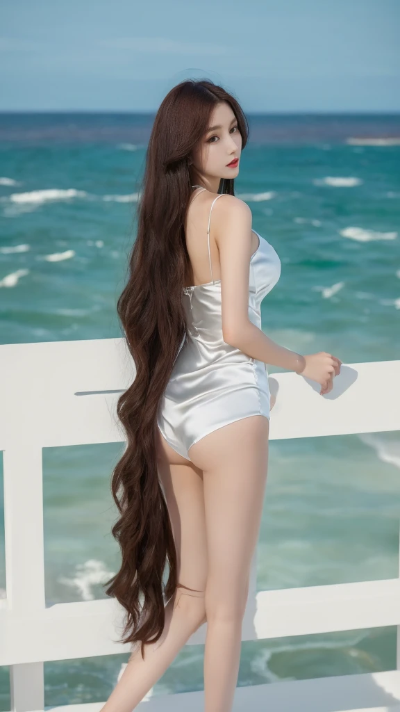 Best quality, 8k, 32k, masterpiece, UHD: 1.2), big , big breasts, 1 woman, 22 years old, very beautiful slim legs, wearing silk clothes, very beautiful slender legs, light milky porcelain skin, seaside, milky skin, slender legs, beautiful slim legs, white ...