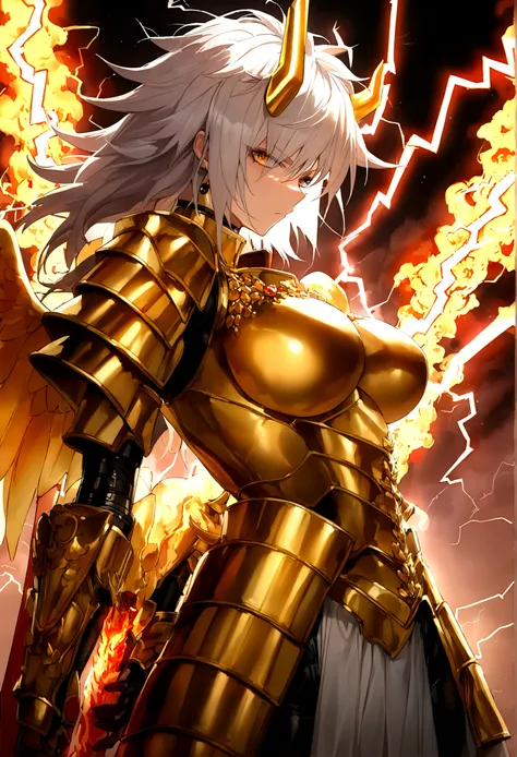 ((Lightning Power)), ((Electricity)), ((Fire Background)), ((Lightning Storm)), ((Power Erupting)), ((((android 21)))), (((Evil Power))), (((white Coat))), (((Busty))), (((((Big breast:1,3)))), luxury bustier corset, (((silver hair))), (((Very slim waist))...