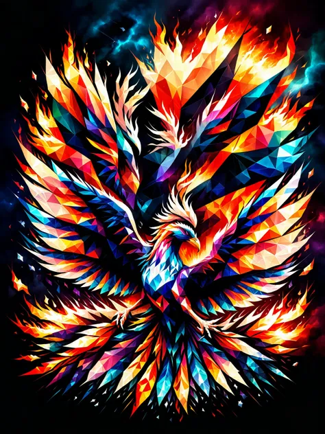 a ral-polygon phoenix rising from ashes, its flames rendered in vibrant, crystalline shapes against a dark, nebulous background,...