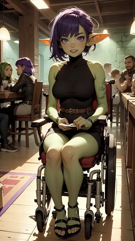 ((best quality)), ((masterpiece)), (detailed), goblin girl, (green skin), purple hair, sitting in wheelchair, playing dungeons a...