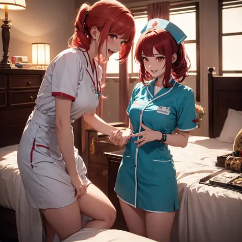 two beautiful young women, anime style, detailed faces, red hair, red eyes, delicate features, soft lighting, wearing nurse costume outfits, laughing and having fun, playful expressions, cozy and well-decorated bedroom, one sitting on the bed, the other st...