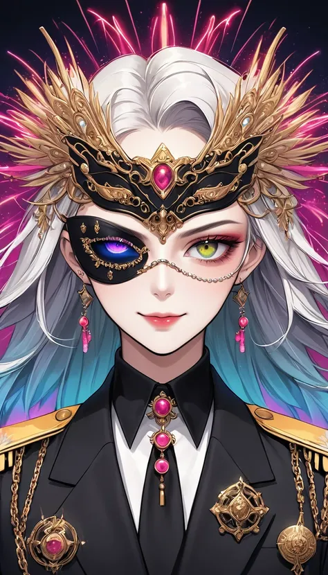 (Digital Illustration，Detailed anime style，Heavy Metal Cyberpunk，Pearl tassel eye mask，Girl wearing an eye patch，Queen aura，Solitary，symmetry)，(Big colorful eyes，Fashionable and exquisite facial features，Exquisite makeup，Smooth skin，Smile，Soulful gaze，)，(H...