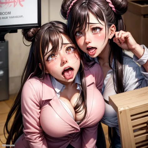 / Brown eyes, long dark hair, / big tits / Crying face、Seeding press、Open mouth, Screaming, Ahegao, Heavy breathing, blush, Sweat, Multicolor Hair, Hair bun, Shiny Pink Blazer