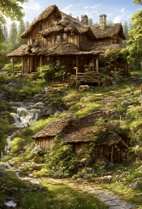 A serene landscape, a picturesque country house, a majestic deer standing amidst a lush forest, beautiful detailed eyes, beautiful detailed lips, extremely detailed eyes and face, long eyelashes, intricate architectural details, warm golden lighting, vibra...