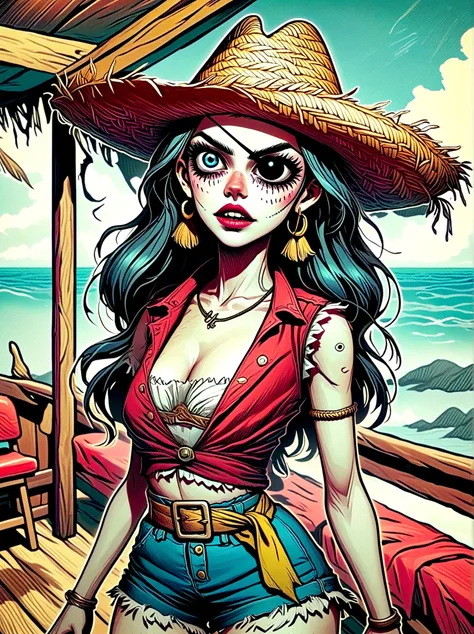 (Vision:1.3), (whole body:1.3), 1 female captain, Wearing a straw hat, Black eye mask, Rich expression, (gloomy), (Gothic horror), illustration, Red vest, Blue shorts, Yellow belt, Black sandals, (Strange), exaggerated, Caribbean Sea in the background，Boat...