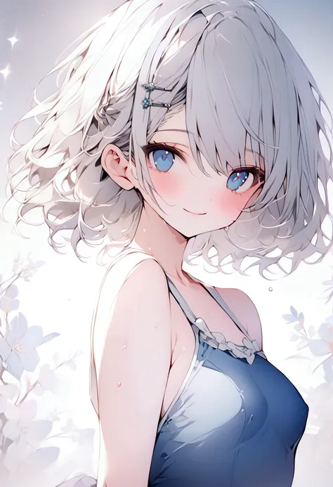 beautiful, masterpiece, Highest quality, anime, One girl, C Cup,Portrait Shot, View your viewers, Intricate details,>,((Covered、Short Hair、nearby、Blue Eyes、art、White hair,Blue streaked hair、wallpaper、hairpin、smile、silk_White frilly school swimsuit、Wet
