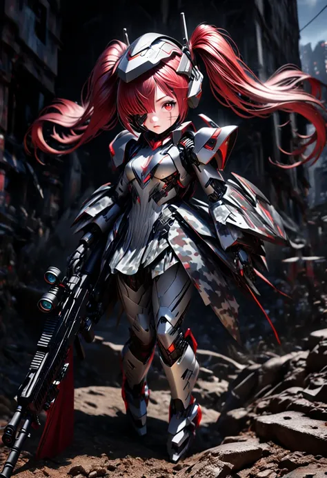 3D digital art from the fantasy world, 1girl, robot girl, red hair, twin tails, red eyes, white and gray camouflage clothing, she wearing flashy robot armor, (holding an urban camouflage long range rifle:1.5), a robot-like helmet on the head, scouter in on...