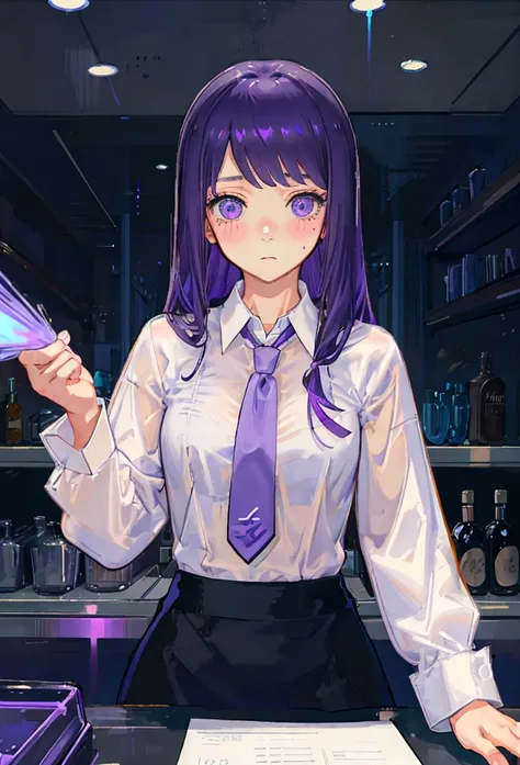 One girl, alone, bangs, blush, Place your hand on your chest, Jill Stingray, Long sleeve, View your viewers, Purple Hair, Medium chest, tie, shirt, alone, Upper Body, Best,  bartender, Best, white shirt,