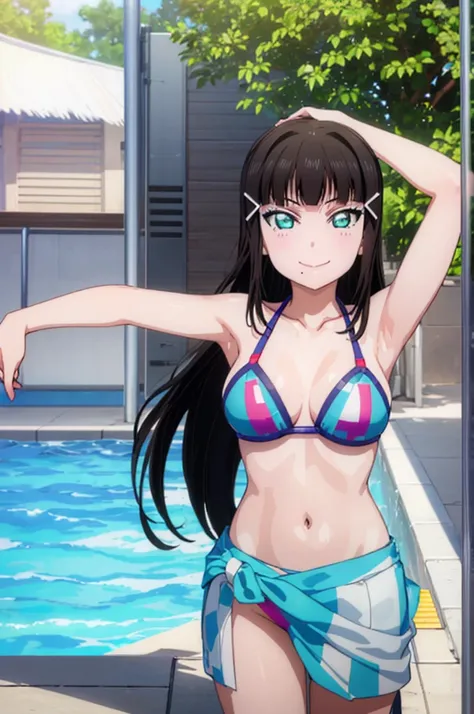 (((pixel-perfect, detail-perfect))), solo, 1girl, dia kurosawa, smile, pool, bikini, medium filesize, ultra High Qality