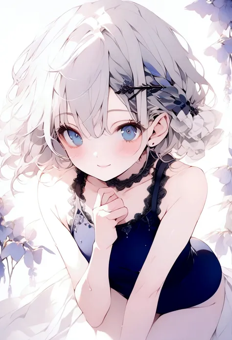 beautiful, masterpiece, Highest quality, anime, One girl, C Cup,Portrait Shot, View your viewers, Intricate details,>,((Covered、Short Hair、nearby、Blue Eyes、art、White hair,Blue streaked hair、wallpaper、hairpin、smile、silk_White frilly school swimsuit、Wet、whol...