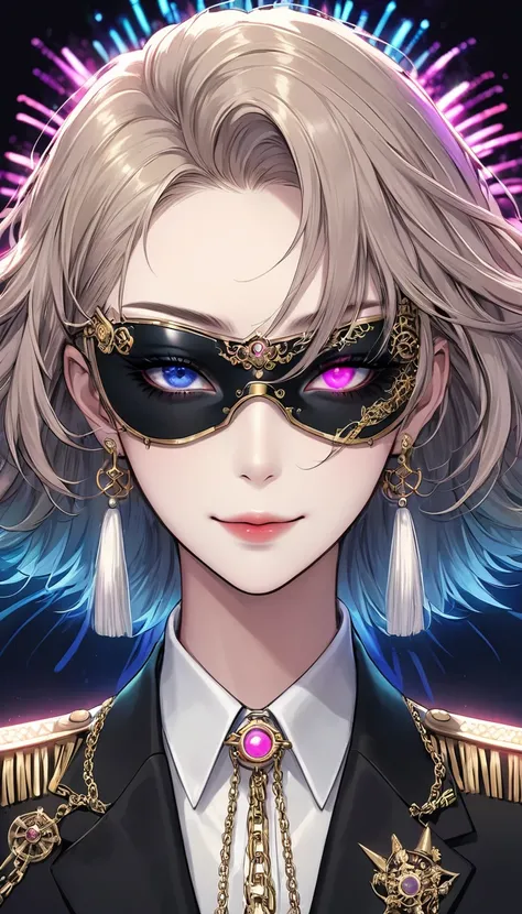 (Digital Illustration，Detailed anime style，Heavy Metal Cyberpunk，Pearl tassel eye mask，Girl wearing an eye patch，Queen aura，Solitary，symmetry)，(Fashionable and exquisite facial features，Exquisite makeup，Smooth skin，Smile，Soulful gaze，)，(Hair Bunch)，(Black ...