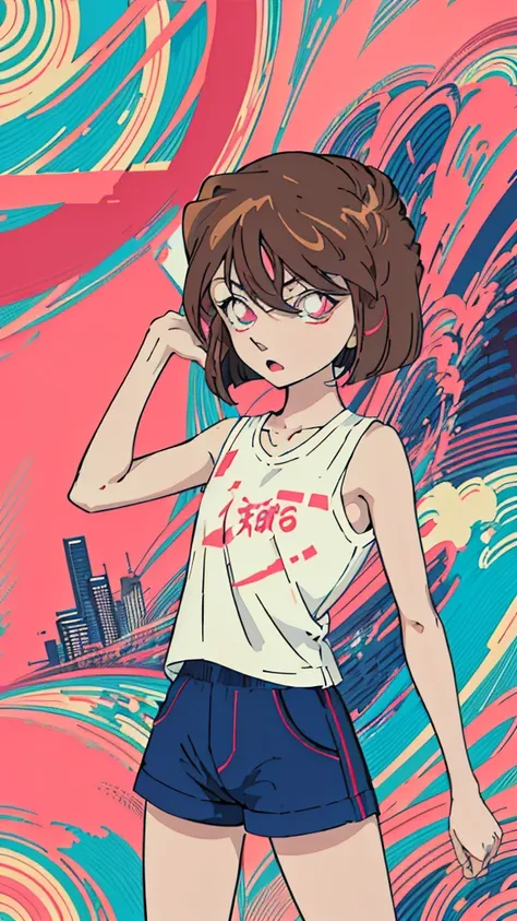 anime style, (1girl in, Solo:1.0), (Haibara Ai), ((Short pants)), (((Big eyes))), (Cute anime girl head), (flat chest),looking at viewer,With a height of 100cm, shoot from front, (head shot), Simple line minimalism, Abstract Art, City background