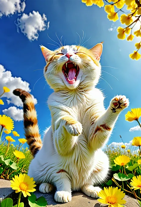 A cat yawning after waking up、Three-haired cat、It is stretching with its mouth open and its front legs forward.、 Pastel sky、Spring Sky、Dandelion flower、 ginkgo leaf, Slope, Slope background, Slope sky, Cats with missing stretches、Gives viewers a warm feeli...