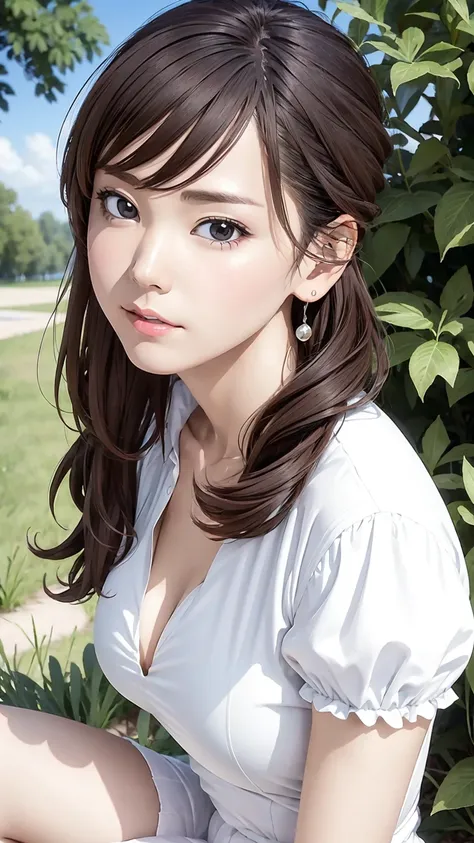 Girl in summer clothes, White blouse, Tight check pattern, As if I wanted to kiss you, (Girl crouching and looking at the camera), Medium chest, Cleavage, Random Background, Sexy expression, ((Very detailed)), (Perfectly detailed face), (Detailed and well-...