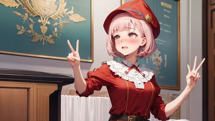 peace sign,(masterpiece, best quality), intricate details, 1girl, chika, short hair, dress, red dress, hat, witch hat, belt indoors,ahg rolling eyes tongue((((blush)))),(cleatched teetch)