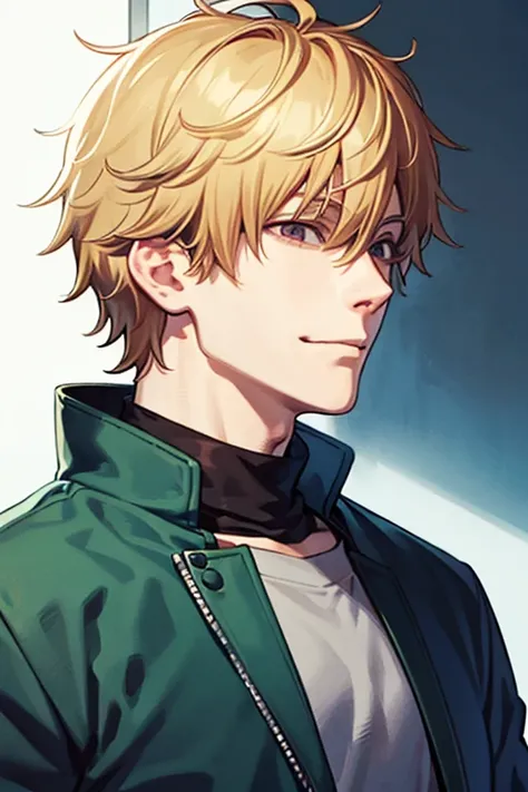 1boy, male_focus, short_hair, wilde_hair, (blonde_hair), solo, (masterpiece, top quality, best quality, official art), very detailed, colorful, most detailed, short hair, , handsome_man, wavy_hair, (upper_body), ((side_view, looking_at_viewer)), ((smirk)),...