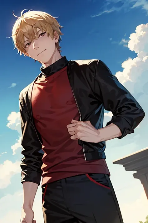 1boy, male_focus, short_hair, wilde_hair, (blonde_hair), solo, (masterpiece, top quality, best quality, official art), very detailed, colorful, most detailed, short hair, , handsome_man, wavy_hair, (upper_body), ((side_view, looking_at_viewer)), ((smirk)),...