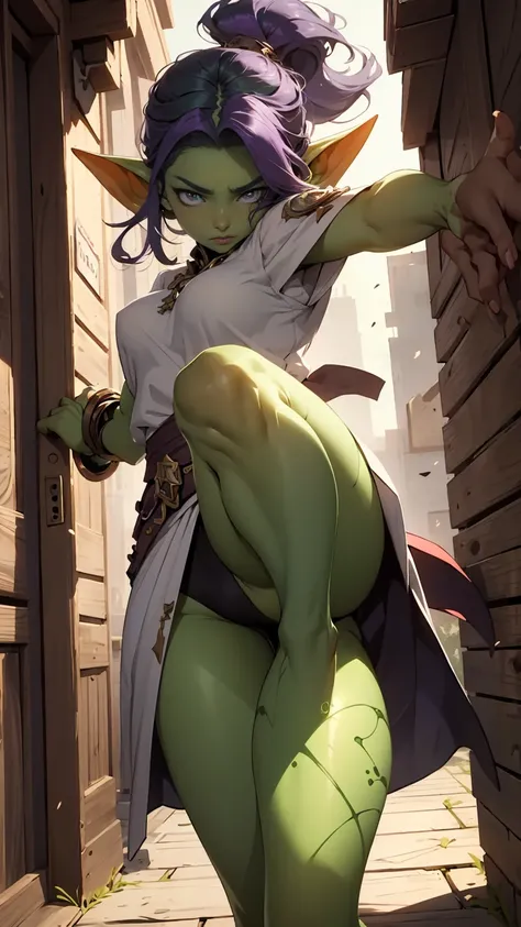 ((best quality)), ((masterpiece)), (detailed), goblin girl, (green skin), purple hair, sword dancer, wearing flowing white robes, action pose, dynamic pose, cinematic still