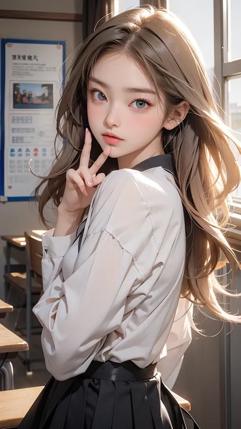 A beautiful high school girl who is half French and half Japanese、Anyway, her face is beautiful、Beautiful blue eye color、Beautiful long, straight, bright blonde hair、Please wear sailor uniforms, which are typical of Japanese school uniforms.。The background...