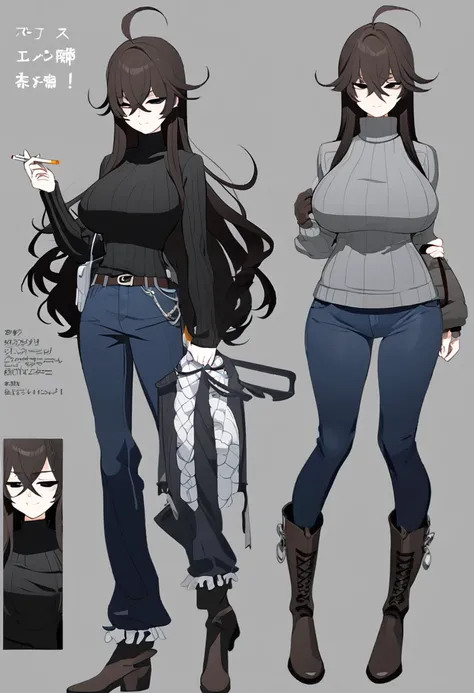 One Woman,Downer,older sister,Concept Art,Dark brown hair,Straight hair with slight inward curls,Staring eyes,Eye Ridge,black eye,Crossed bangs,whole body,smile,Larger breasts,Gray background,Bangs that reach down to the eyes,Messy hair,Tight dark jeans,Gr...