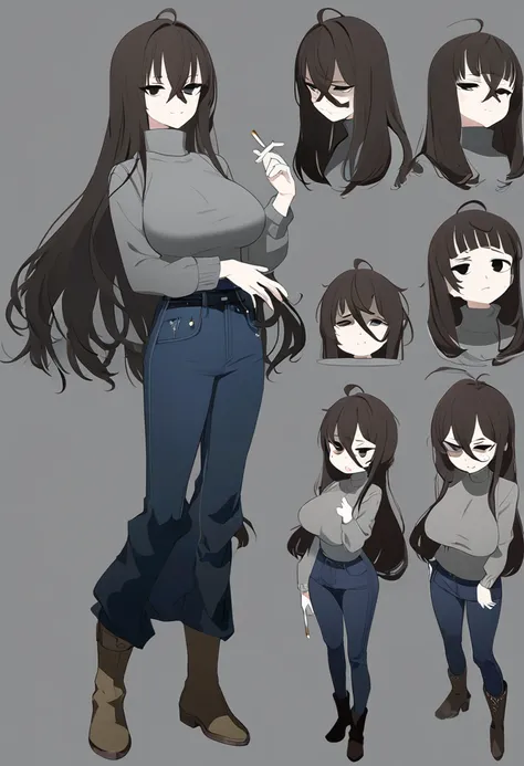 One Woman,Downer,older sister,Concept Art,Dark brown hair,Straight hair with slight inward curls,Staring eyes,Eye Ridge,black eye,Crossed bangs,whole body,smile,Larger breasts,Gray background,Bangs that reach down to the eyes,Messy hair,Tight dark jeans,Gr...