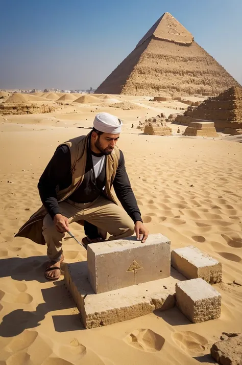 A colossal giant placing a square stone on top of the Giza pyramid.