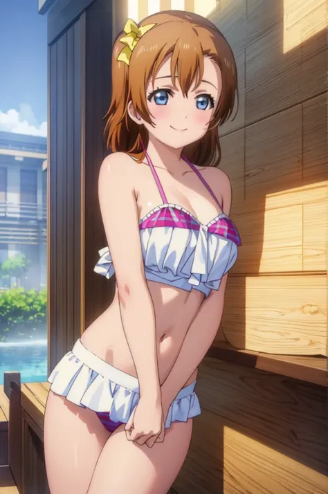 (((pixel-perfect, detail-perfect))), solo, 1girl, honoka kousaka, smile, sauna, bikini, medium filesize, ultra High Qality